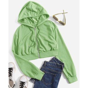 Shein solid green cropped zip up drawstring hoodie- size XL